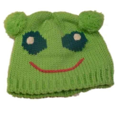 Kid Connection Girls Hand Knit Green Frog Beanie Winter Hat Stocking Cap Pom 4-6