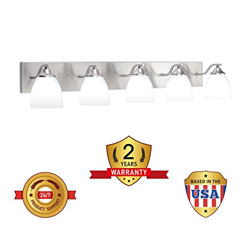 OSTWIN 5-Light Bath Bar Light Up or Down, Interior Bathroom Vanity Wall Lighting Fixture VF42, 5x60 Watt E26 Socket, Satin Nickel Finish with Opal Oval Cone Glass Shade, UL Listed