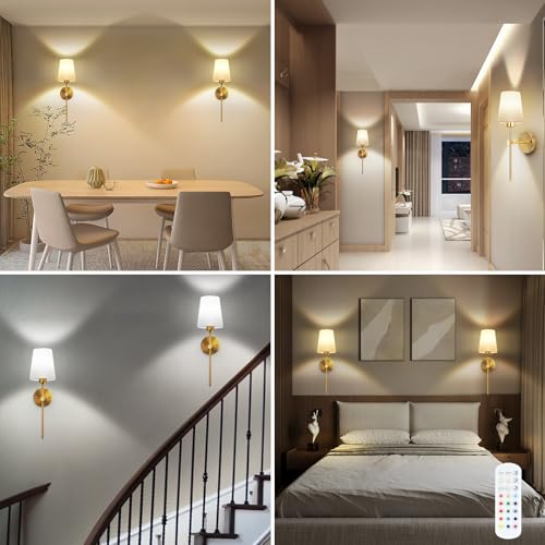 Apliques de Pared Inalámbricos Recargables, Juego de 2 Lámparas de Pared con Control Remoto, Luz LED Regulable 3000K-6500K RGB, Sin Cable, para Recámara, Sala, Pasillo, Cocina