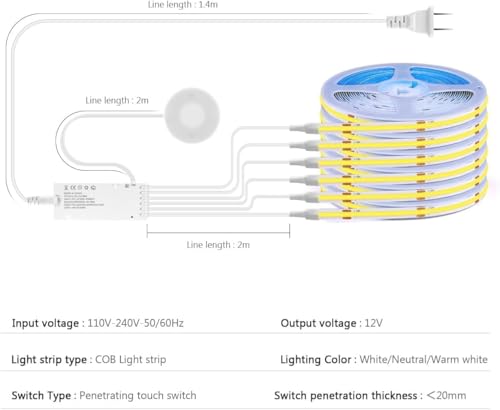 AIMENGTE COB LED Strip 1m, 6 Rolls 12V Warm White Acoustic Panels COB LED Strip Cuttable, with touch and hand sweep dimmer switch, for wine cabinets, shelves, cabinets