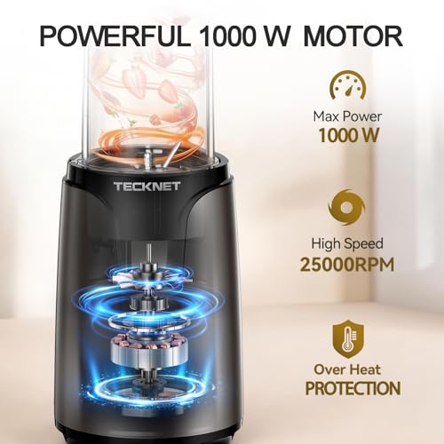 TECKNET Personal Blender Smoothie Maker, 1000W Powerful 25,000PRM, Blends Fruit & Vegetables, 2x600ml Portable Travel Cups with Spout Lids & Handled Ring, Makes Smoothies & Juice, Grey