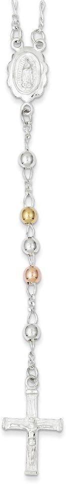Sterling Silver Yellow & Rose Flash Gold-plated Rosary Necklace 24 Inches Long