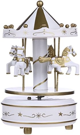 Musical Merry-Go-Round Wooden Horse Carousel Music Box Christmas Birthday Gift Toy For Kids Children (Blue&amp;Gold)