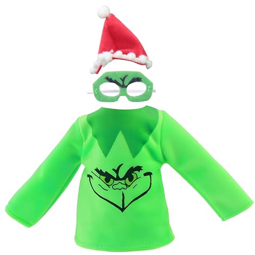 Christmas Elf Doll Accessories Kit，Holiday Elf Doll Clothes Outfit Include Green Clothes Eye Mask