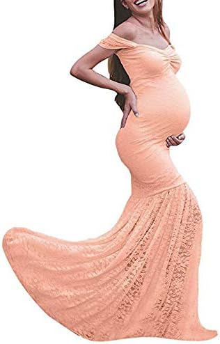 Women's Off Shoulder Ruffle Sleeves Lace Mermaid Maternity Slim Fit Gown Maxi Bridesmaid Photography Dress