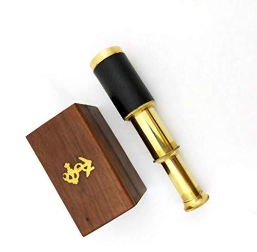 6" Nautical Handheld Pirate Brass Telescope with Anchor on Wooden Box, Sailor Home Decor Toy Gift