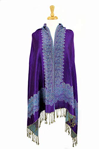 Paskmlna Border Pattern Double Layered Reversible Woven Pashmina Shawl Scarf Wrap Stole (003#28Purple/TQ)