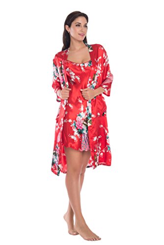 Joy Bridalc Women's Kimono Robe Gorgeous Loungewear 2PC Set Sleepwear Camisole & Robe, red L - Thumbnail 3