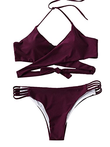 SOLYHUX Women's Halter Wrap Bikini Set Burgundy S