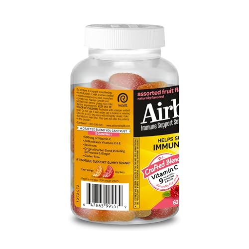 AIRBORNE KIDS 500MG VITAMIN C GUMMIES, KIDS IMMUNE SUPPORT ZINC GUMMIES WITH POWERFUL ANTIOXIDANTS VIT C & E – 63 , ASSORTED FRUIT FLAVOR
