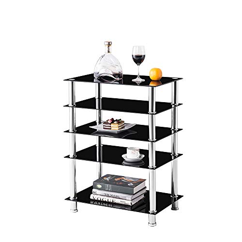 Media Stand,Audio/Video/AV Component Rack Tower Cabinet,Game Console Shelving Record Player Shelves Table with Glass Storage Shelf for Entertainment Center TV/XBOX/PS4/Stereo Home Theater (5 Tier)