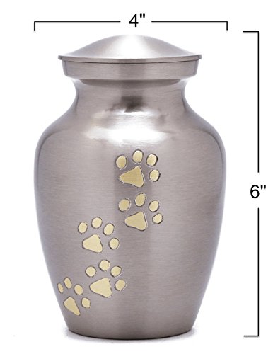 Enshrined Memorials Cremation Urn for Ashes by Cerberus Series Small Pet Dog Cat Handcrafted Solid Brass Affordable for Funeral in Velvet Bag Engraving Design (Pewter Silver, Vertical Paws)