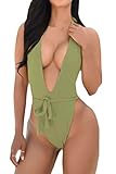 Kisscy Women's Plunge V Neck Halter Bandage One Piece Monokini Swimsuit