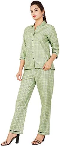 Women's Night Suit & Night Shirt, Light Green Front Open Night Dress with Heart & Dot Print,Pure Cotton Night wear,Top and Pyjama Set with 3/4 Sleeve