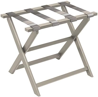 Gate House Furniture Taupe Eco-Poly Folding Luggage Rack with Brown Multi-Striped Straps