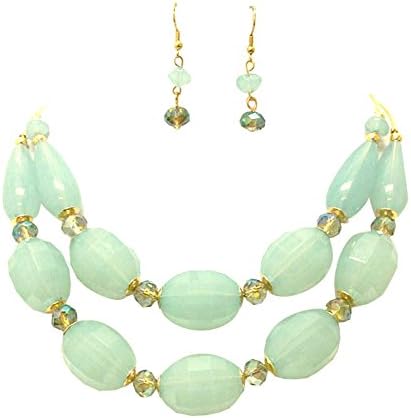 Pale Sea Foam Green Chunky Double Strand Acrylic and Gold-Tone Necklace, 18”, with Dangle Drop Earrings