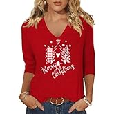 Christmas Shirts for Women V Neck T Shirt 3/4 Length Sleeve Womens Tops Christmas Tree Graphic Tee Fall Top