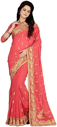 Vaidehi Fashion Women's Georgette Embroidery Saree With Blouse Piece(Morni-Orange_Orange)
