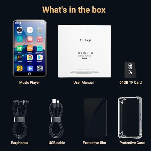 80GB MP3 Player with Bluetooth and WiFi, Oilsky 4.0" IPS Touch Screen MP3 Player with Speaker, Music Player with Spotify, Audible, Amazon Music, Deezer, MP4 Android Music Player Up to 512GB Black