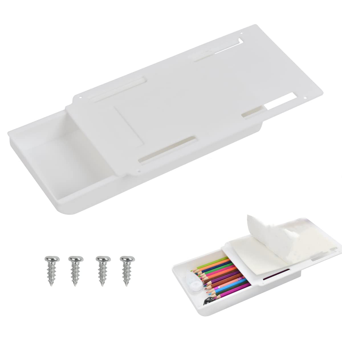NA 2Pcs Under Desk Storage Drawer Organizer, Self-Adhesive Under Table Drawer Drawer Pen Box Pencil Case with Screws for Storing Pens Pencils Phones, Office Home School
