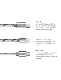 bolatus 2.4 A Dual USB cargador de coche con Multi Cable de carga 3 en 1 Múltiples rápido cable de carga adaptador portátil 3 ft (3.3 foot) tipo C Lightning Micro USB para iPhone X 8 8 Plus Android Galaxy S8, Plateado