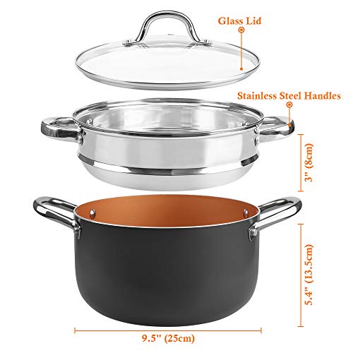 SHINEURI 6 Quart Nonstick Copper Stockpot with Lid, Deep stock pot with Stainless Steel Steamer Inset - Perfect for Soup, Stew, Roast, Pasta & Sauce, Suitable for Induction, Gas, Electric & Stovetops - Thumbnail 4