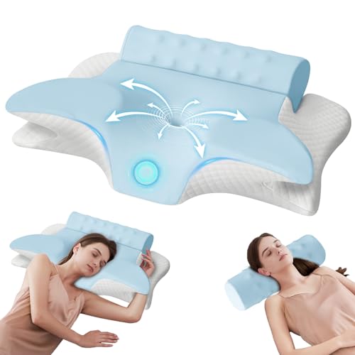 lemonsea Almohada Memory Foam, Almohada Cervical 2 en 1 para Aliviar el Dolor de Cuello, Almohada Ortopédica Ergonómica para Boca Arriba y Boca Abajo, con Funda Almohada (Azul)