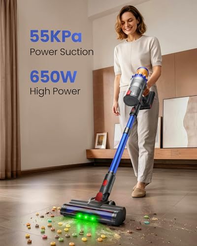 Cordless Vacuum Cleaner, 650W/55Kpa Vacuum Cleaners for Home, 70Mins Stick Vacuum with Self-Standing,Anti-Tangle,Wall Mount Charging,Lightweight Wireless Vacuum for Hardwood Floors Carpet Pet Hair Car