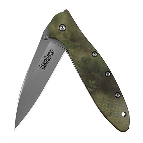 Kershaw Leek Camo Pocketknife (1660CAMO); 3-Inch Stainless Steel Blade with Bead-Blasted Finish, Anodized Aluminum Handle, Frame Lock, SpeedSafe Assisted Opening and Reversible Pocketclip; 2.4 OZ.