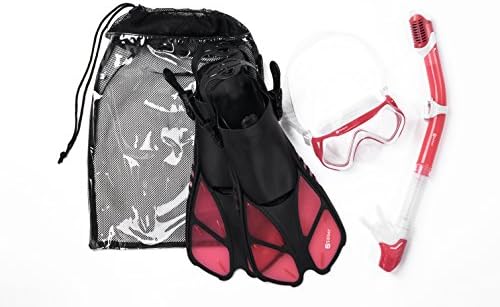 Siliber 3Pcs Snorkel Mask & Fins Set, Double Lens Silicone Mask with Dry Top Tube, Adjustable Flippers and Snorkeling Gear Bag for Adults Men and Women - Pink, S/M