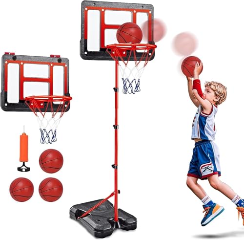Kids Basketball Hoop with Stand, Adjustable Basketball Set, Toddler Basketball Toys for Boys Age 3 5 6 8 12, Indoor Outdoor Backyard Sport Game Gifts with 3 Basketball