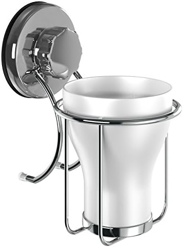 HASKO accessories - Vacuum Suction Cup Toothbrush Holder - Strong Stainless Steel Toothpaste and Razor Holder for Bathroom & Kitchen - Glass Tumbler with Holder Wall Mount - (Chrome)