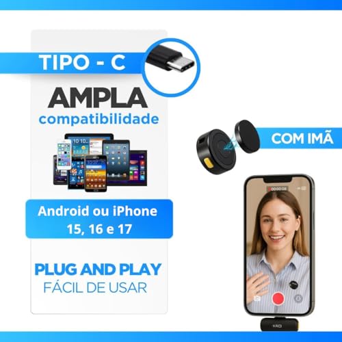 Microfone de Lapela Sem Fio Bluetooth Kit 2 Microfonones Abafamento de Ruído Até 10 Horas Tempo de Trabalho Compatível com Camera, iPhone, Android, PC - Conexão Android e USB-C - Linha Peining Premium
