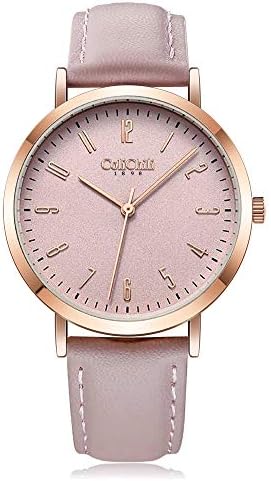 ColiChili 1017D Women Ladies Watch Dial Leather Band Japanese Quartz 3ATM Waterproof Fashion Watch, safety pink
