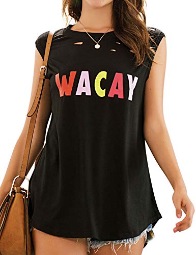 MYMORE Women\'s Ripped Letter Graphic Tank Tops Summer Distressed Sleeveless Tee Shirts Blouse Black,S