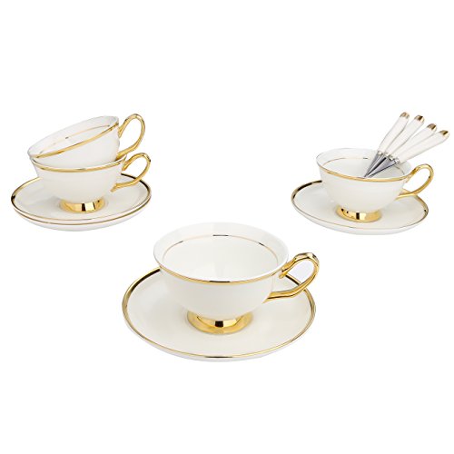 ARTVIGOR New Bone Espresso Cups and Saucer Set of 4 with Gold Rimmed for Coffee and Afternoon Tea, 14.6 X 14 X 4.1 Inches,