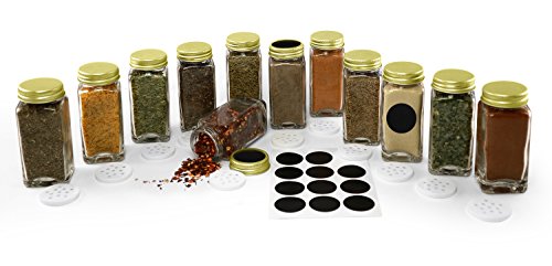 Nellam French Square Glass Spice Jars – Set of 24 with Shaker Lids and Chalkboard Sticker Labels, Small 4oz Bottles - Stackable Herbs and Spices Containers - Decorative Organizers in Gold
