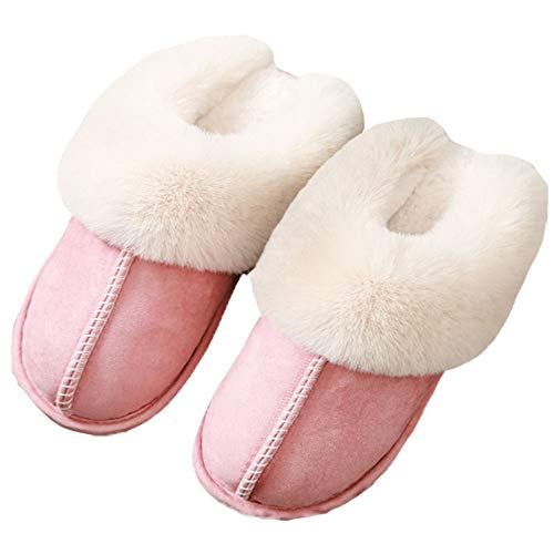 LFZY Women\'s Slippers, Ladies Fluffy Slippers Classic Suede Memory Foam Non Slip House Shoes with Warm Faux Fur Collar for Indoor Outdoor Pink