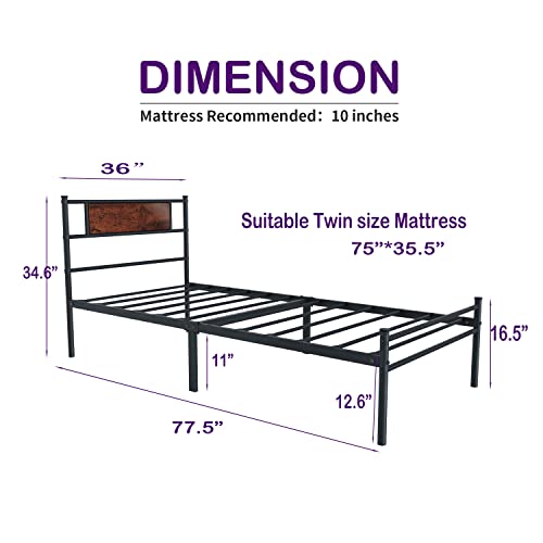 PAUKIN Twin Metal Bed Frames Single Platform with Headboard, No Box