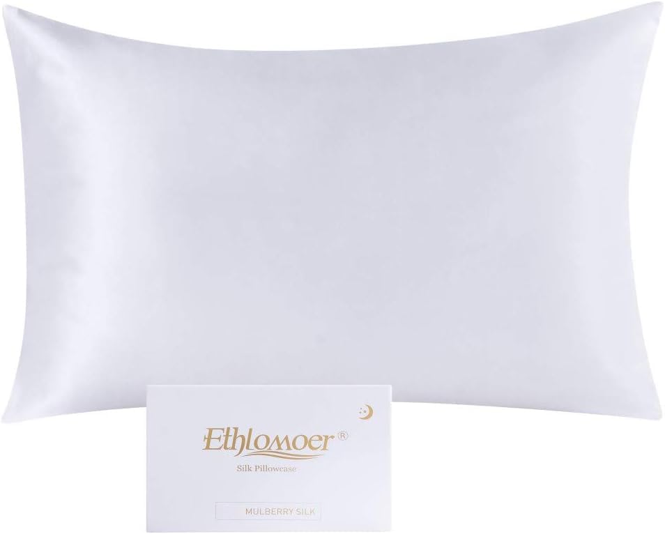 Ethlomoer 100% Natural Pure Silk Pillowcase for Hair and Skin 19 Momme Double Sided 600 Thread Count Hidden Zipper Design 1 Piece 50 x 75 cm White
