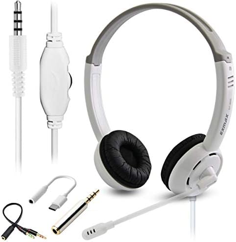 EXMAX DT326 Cell Phone Headset with Microphone 3.5mm Wired Over Ear PC Headphones Kids Headset for Online Course Skype Chat Call Center Video Learning 3.5mm TRRS Headset for Smartphone – White