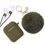 ODUMDUM Apple AirPods Case, Cute Case Drop Proof (Silicone Skin and Cover) with Fluffy Fur Ball Keychain and Anti-Lost Strap for Apple Wireless Headset, Gift for Girls, Lady(Olive)