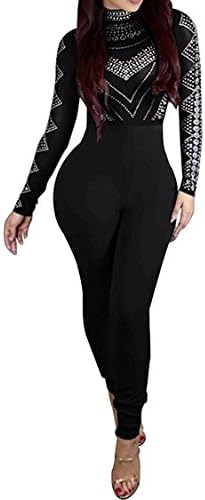 YiYaYo Womens Long Sleeve Sheer Rhinestone Bodycon Clubwear Jumpsuit Romper Black M