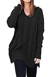 Womens Casual Cable Knit V Neck Side Slit Oversized Solid Pullover Sweater Tops