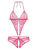 ADOME Women Lingerie Deep V Halter Lace Babydoll Mini Bodysuit, Style1-rose Red, Medium