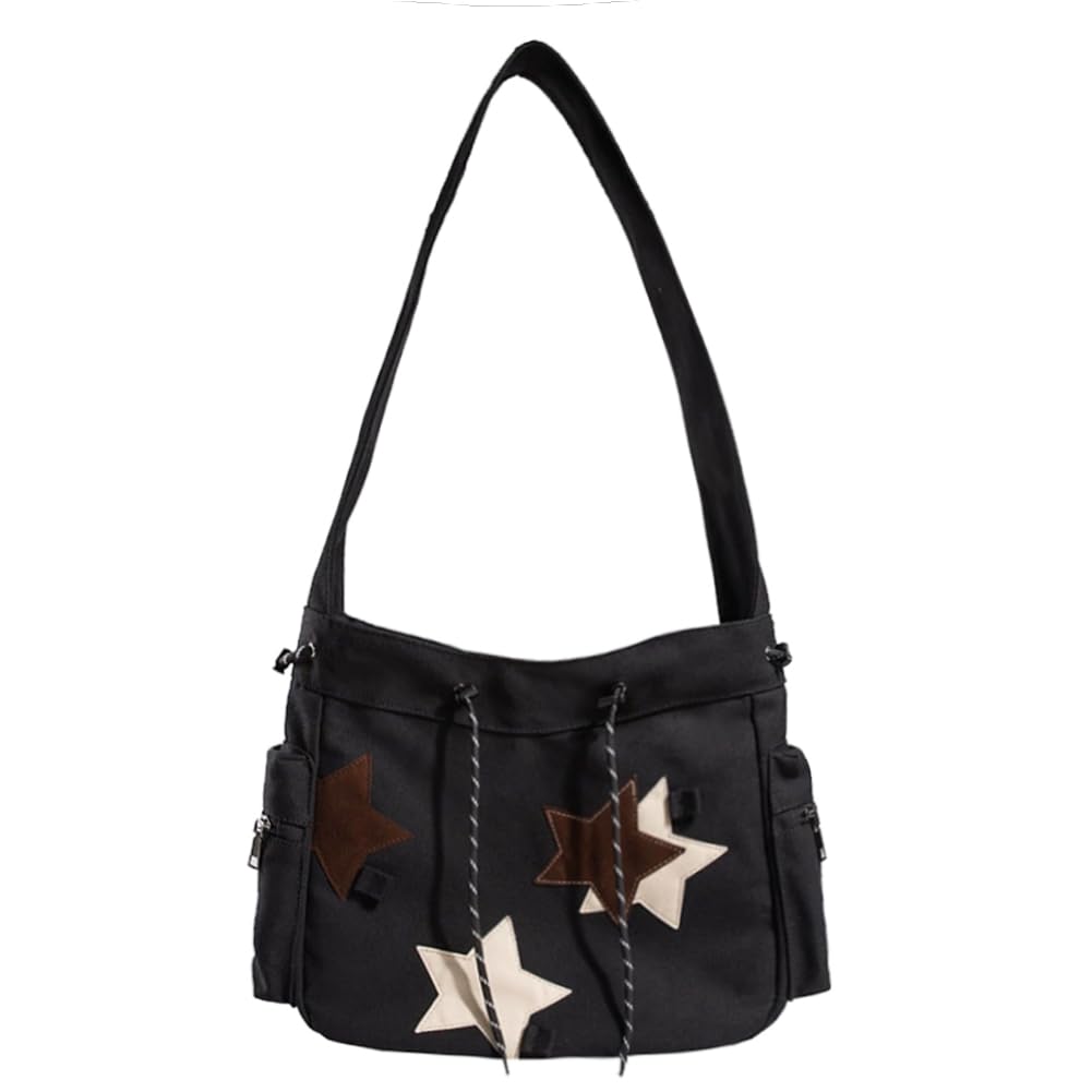 Photo 1 of KlaOYer Cute Messenger Bag Canvas Shoulder Bag Star Crossbody Purse Y2K Tote Bag Kawaii Aesthetic Hobo Handbag for Women (Black)