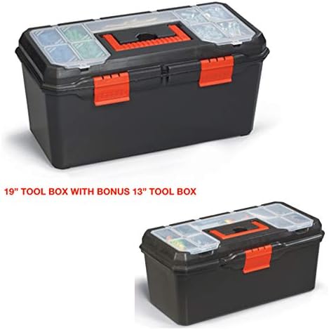 Tool Box | Organizer and Storage For Tools, Fishing Tackle, Toys, Lego, Art, Craft, and Parts 19" x 9" x 9" | Bonus Included 13" Tool Box