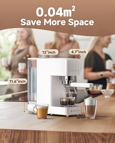AMZCHEF 20 Bar Professional Espresso Machine, 1350W Coffee Machine with Milk Frother, Flexible Brewing Options, Compact Espresso Machine for Cappuccino, Latte, White