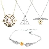 GeeVen 4 Piece Necklace Bracelet with The Deathly Hallows Golden Snitch Time Turner Chain Pendant Necklace for Harry Inspired Fans Gifts Collections