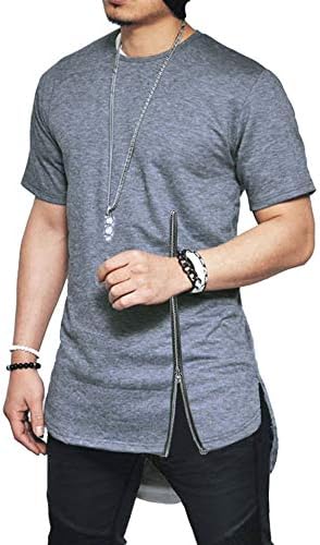 Moomphya Men's 100% Cotton Hip Hop Short Sleeve Zipper Street-wear Casual Round Hem T-Shirts